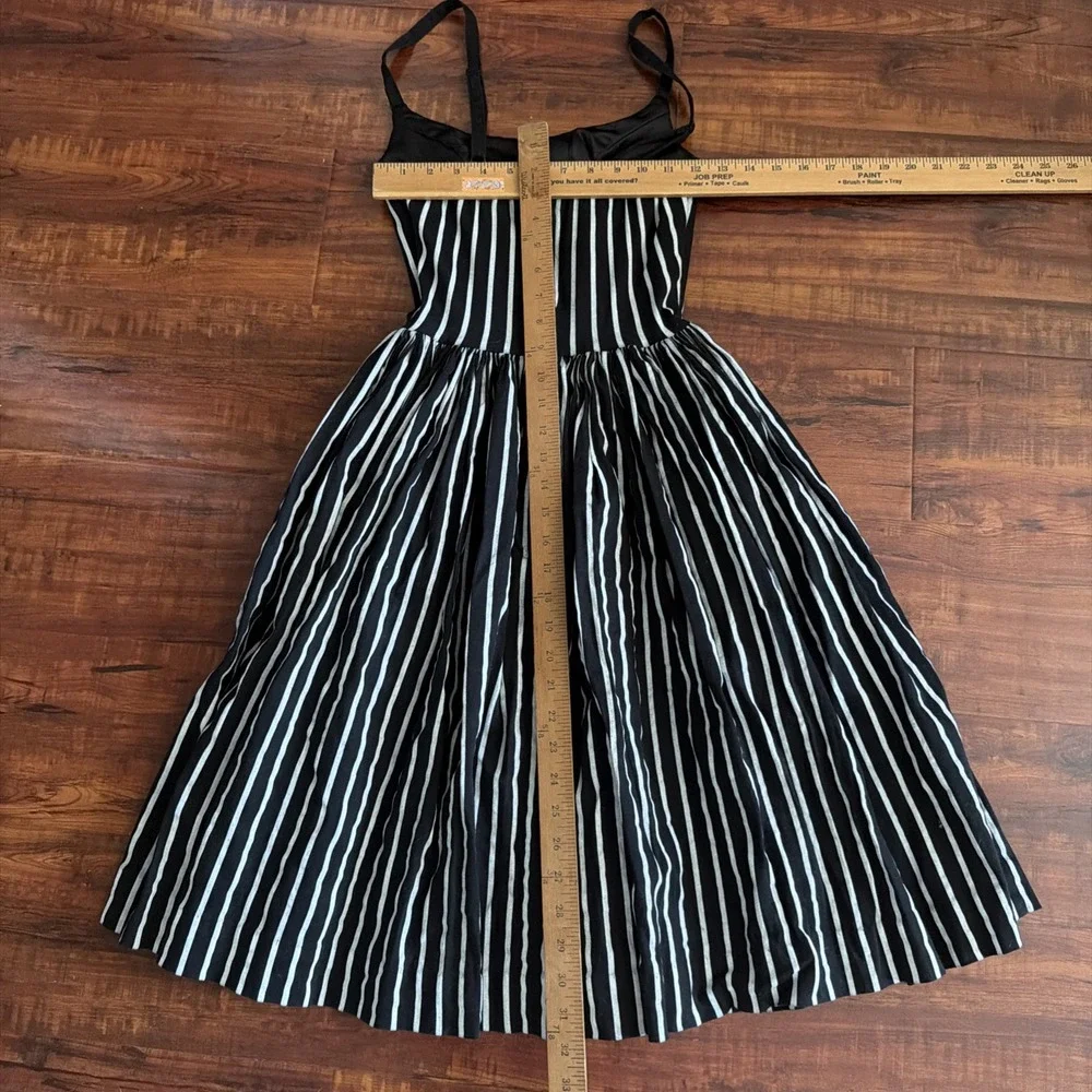 Pinup Couture Dress XS Black White Stripe Fit Flare Midi Pockets Lined Boning